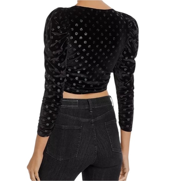 For Love & Lemons Elisa Velvet Glitter Dot Lace Up Cropped Top Black Size XS - Picture 3 of 13